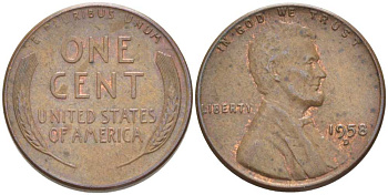 США 1 ЦЕНТ 1958 D, ЛИНКОЛЬН KM А132 медь цинк 3309-1225