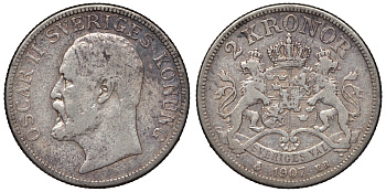 Швеция 2 кроны 1907 EB, Оскар II (1872-1907) король Швеции KM 773 серебро 4117-715