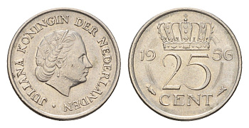 Нидерланды 25 центов 1956 Юлиана (1948-1980) KM 183 никель 4658-768