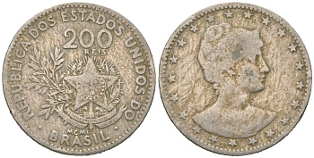 Бразилия 200 реалов 1901 MCMI, голова свободы вправо KM 504 медно-никель 4612-412