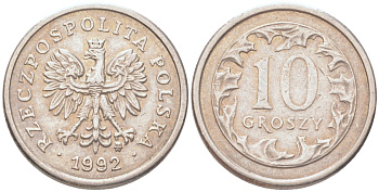 Польша 10 грошей 1992 Y 279 медно-никель UNC 4614-632