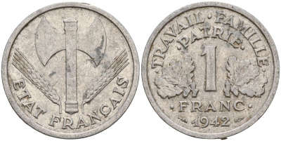 Франция 1 франк 1942 правительство Виши KM 902.1, Le Franc алюминий 4126-645