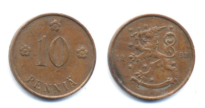 Финляндия 10 пенни 1938 KM 24 медь 51-5652