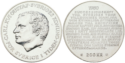 Швеция 200 крон 1980 U, Карл XVI Густав (1973- ), шведский королевский свод законов о престолонаследии, в оригинальной пластиковой упаковке KM 860 серебро PROOFLIKE 1089-2-31