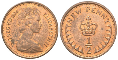 Великобритания 1/2 пенни 1974 Елизавета II (1952-2022) KM 914, Spink 4239 бронза UNC 4611-418