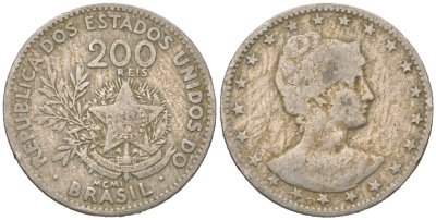 Бразилия 200 реалов 1901 MCMI, голова свободы вправо KM 504 медно-никель 4612-412