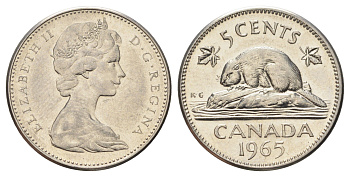 Канада 5 центов 1965 Елизавета II (1952-2022), бобр KM 60.1 никель 4689-343