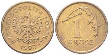 Польша 1 грош 1993 Y 276 марганец латунь UNC 4614-567