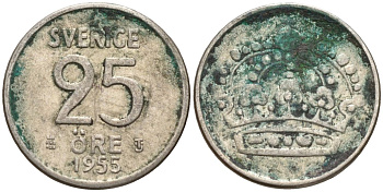 Швеция 25 эре 1955 TS, Густав VI Адольф (1950-1973) KM 824 серебро 4147-1041