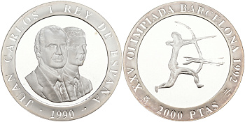 Испания 2000 песет 1990 XXV летние Олимпийские игры 1992 года в Барселоне, стрельба из лука KM 861 серебро PROOF 1072-8-32