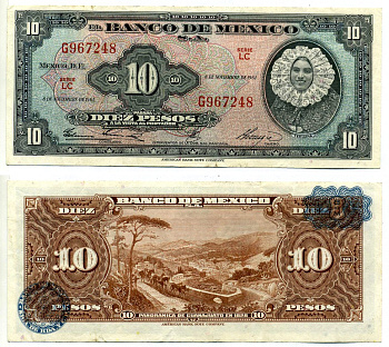 Мексика 10 песо 1961 8 ноября 1961 Pick 58i бумага 2196-19-2-1