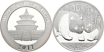 Китай 10 юаней 2011 ПАНДА KM 1980 серебро PROOF 00-000-00