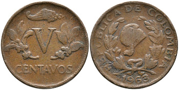 КОЛУМБИЯ 5 СЕНТАВО 1963 KM 206 бронза 3336-553