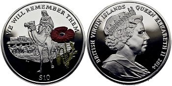 Британские Виргинские острова 10 долларов 2014 в память героев первой мировой войны, солдат верхом на верблюде, красный мак KM NEW серебро, эмаль  PROOF 1071-1-34