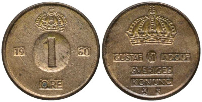 Швеция 1 эре 1960 TS, Густав VI Адольф (1950-1973) KM 820 бронза 201-1148