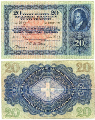Швейцария 20 франков 1949 Иоганн Генрих Песталоцци Pick 39 q бумага 000-00-00