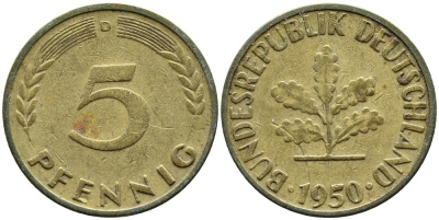 ФРГ 5 ПФЕННИГОВ 1950 D KM 107, J.382 сталь плакированная латунью 4392-446