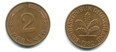 ФРГ 2 пфеннига 1982 D KM 106a, J.381a сталь плакированная медью 3999-1134
