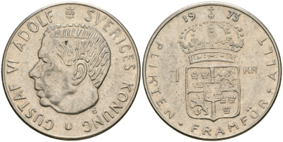 Швеция 1 крона 1973 Густав VI Адольф (1950-1973) KM 826а медь плакированная медно-никелем 25-1124