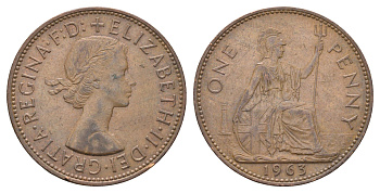 Великобритания 1 пенни 1963 Елизавета II (1952-2022) KM 897, Spink 4157 бронза 4661-912
