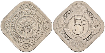 Нидерланды 5 центов 1938 Вильгельмина (1890-1948) KM 153 медно-никель 4575-845