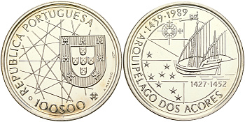 Португалия 100 эскудо 1989 серия золотой век португальских открытий, 550 лет открытия Азорских островов KM 648 а серебро UNC 06-245-32