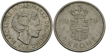 Дания 1 крона 1978 S; B, Маргрете II (1972-) KM 862.1 медно-никель 4138-822
