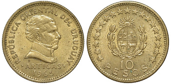 Уругвай 10 песо 1965 KM 48 алюминиевая бронза 4565-434