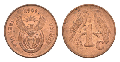 ЮАР 1 цент 2001 герб, капские воробьи KM 221 сталь плакированная медью UNC 4602-241