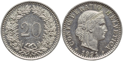 ШВЕЙЦАРИЯ 20 РАППЕНОВ 1991 В KM 29а медно-никель 4397-442