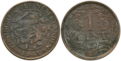Нидерланды 1 цент 1941 Вильгельмина (1890-1948) KM 152 бронза 4576-1149