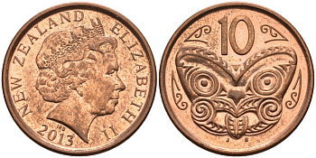 Новая Зеландия 10 центов 2013 маска Маори, Елизавета II (1952-) KM 117а сталь плакированная медью 106-852