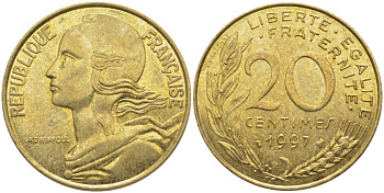 ФРАНЦИЯ 20 САНТИМОВ 1997 ТИП MARIANNE KM 930, LE FRANC 156.41 медь алюминий никель 175-917