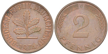 ФРГ 2 ПФЕННИГА 1974 G KM 106а, J. 381а сталь плакированная сталь плакированная медьюю 4181-813