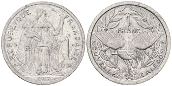 Французская Новая Каледония 1 франк 2017 птица кагу, (IEOM) KM 10, Schoen 10 алюминий 33-1226