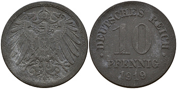 Германия 10 пфеннигов 1919  KM 26, J. 299 цинк    4601-835