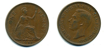 Великобритания 1 пенни 1948 Георг VI (1936-1952) KM 845, Spink 4114 бронза 57-153