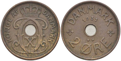 ДАНИЯ 2 ЭРЕ 1931 N; GJ, КРИСТИАН X (1912-1947) KM 827.2 бронза 67-244