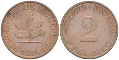 ФРГ 2 ПФЕННИГА 1974 G KM 106а, J. 381а сталь плакированная сталь плакированная медьюю 4181-813