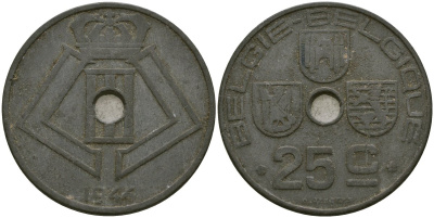Бельгия 25 сантимов 1946 BELGI? - BELGIQUE KM 132 цинк 4132-236