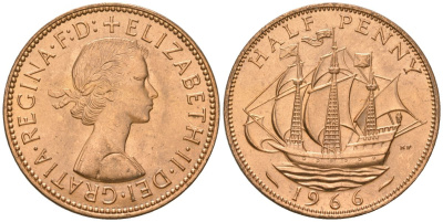 Великобритания 1/2 пенни 1966 Елизавета II (1952-2022) KM 896, Spink 4158 бронза 4163-1215