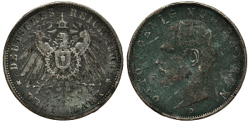 Бавария 3 марки 1909 Отто (1886-1913) Weege 45, J. 47, KM 515 серебро 3711-1844