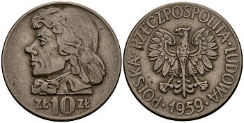Польша 10 злотых 1959 MW, Тадеуш Костюшко, первый год KM 50 медно-никель 4168-732
