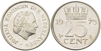 Нидерланды 25 центов 1975 Юлиана (1949-1980) KM 183 никель 214-968