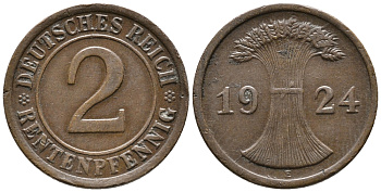 ГЕРМАНИЯ 2 РЕНТЕНПФЕННИГА 1924 E KM 31, J. 307 бронза 24-543