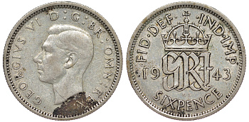 Великобритания 6 пенсов 1943 Георг VI (1936-1952) KM 852, Spink 4084 серебро 4178-349