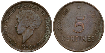 Люксембург 5 сантимов 1930 Шарлотта (1918-1964) KM 40 бронза 4602-416