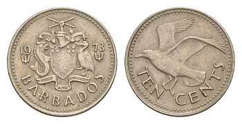 Барбадос 10 центов 1973 смеющаяся (Ацтекская) чайка KM 12 медно-никель 4644-611