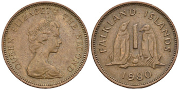 Фолклендские острова 1 пенни 1980 Елизавета II (1952-2022), папуанский пингвин KM 2 бронза 220-869