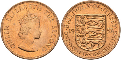 Джерси 1/12 шиллинга 1957 Елизавета II (1952-2022) KM 21 бронза aUNC 4367-333